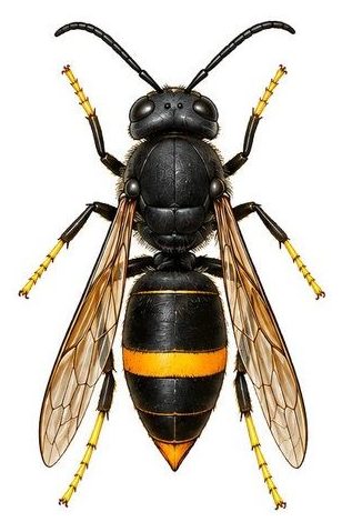 Frelon asiatique vu de dessus : corps noir avec une bande orange