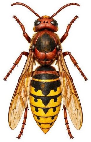 Frelon européen vu de dessus : thorax et tête rougeâtres, abdomen jaune et noir
